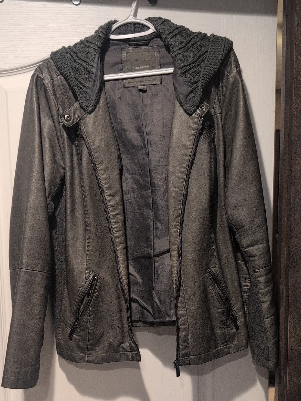 BRAND NEW NEVER WORN Maurices Stone Gray Leather Jacket with Knit Hood Trim